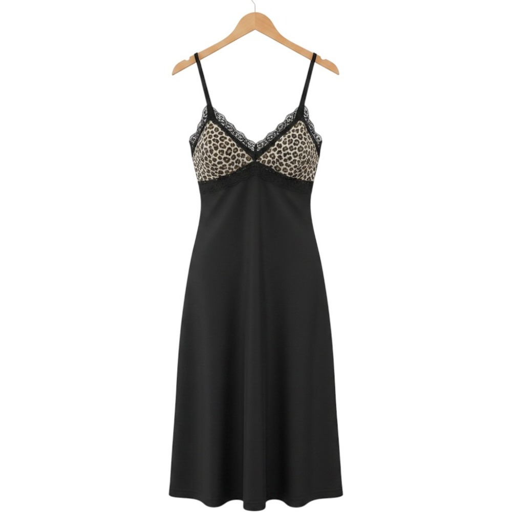 Impulse Y2K/90s Slip Dress Large Black Leopard Print Lace Trim Midi Chemise